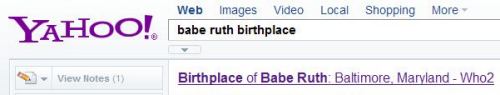 Yahoo search result showing Babe Ruth's Place of Birth.