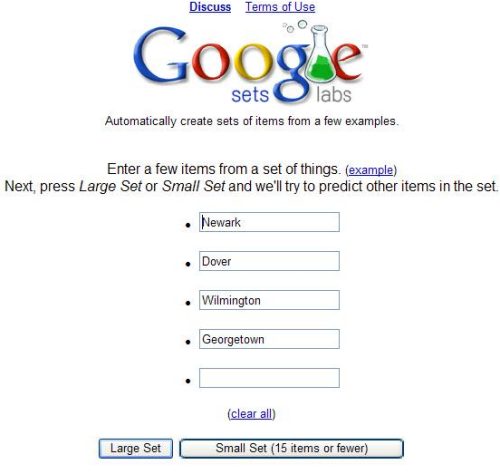 screenshot of Google Sets with 4 Delaware cities entered as a starter set