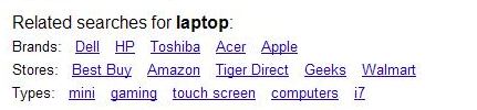 A Google screenshot of brand, product, and type query refinements in a search for the word laptop.