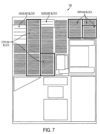 Another image from the Google patent filing showing orphan text blocks continuing stories from other pages
