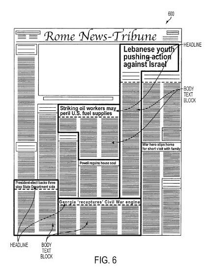 An image from the Google patent filing showing different headlines and body text blocks on a newspaper