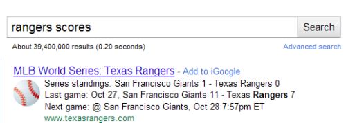 World Series standings and schedule shown at the top of Google Search Results on a search for rangers scores