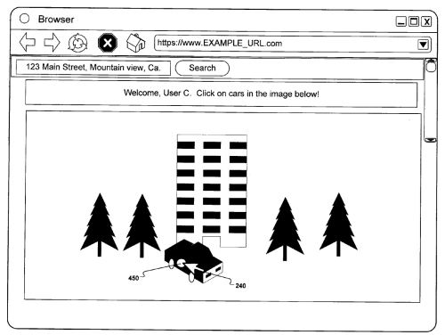 A browser screen shot asking a viewer to pick a car out of an image that also contains a building and some trees, with an address associated with the image.