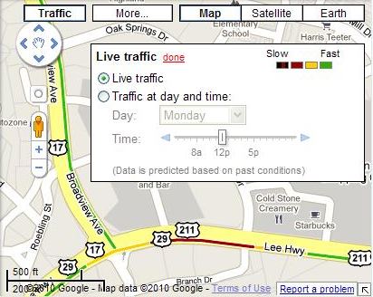 A Google Map showing the live traffic information and a user interface for getting estimated information about the speed of traffic.