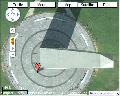 A Google Map displaying the Washington Monument from a satellite view.