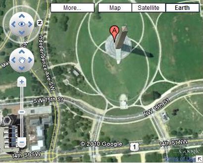 A Google Map displaying the Washington Monument.