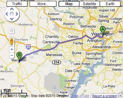 A Google Map showing the route between Warrenton, Virginia and Washington, DC.