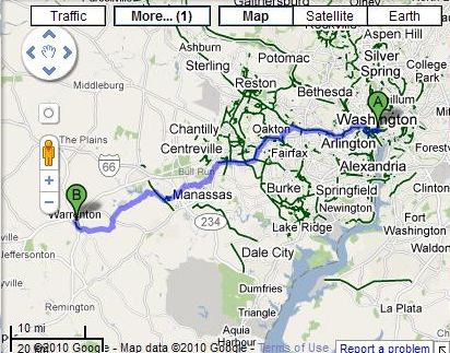 A Google Map showing the bicycle route between Warrenton and Washinton.