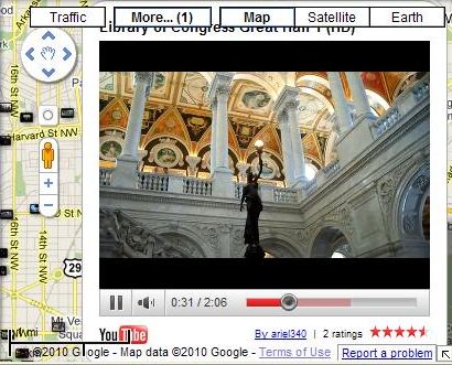 A Google Map embedded with a YouTube Video of the Great Hall in the Library of Congress.