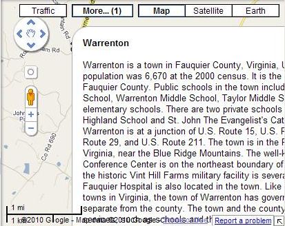A Google Map showing an excerpt from Wikipedia about Warrenton, Virginia.
