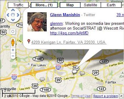 A Google Map with a tweet sent from a point along the route.