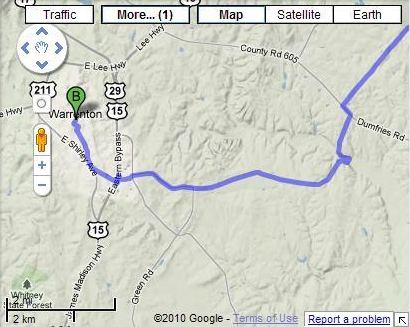 A Google Map showing the topographic features surrounding Warrenton.