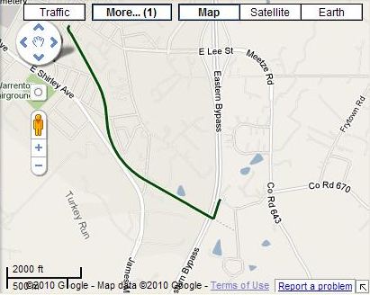 A Google Map showing a Warrenton bike path.