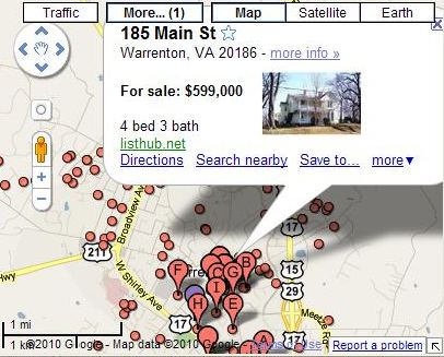A Google Map showing a Warrenton home for sale. Nice place.