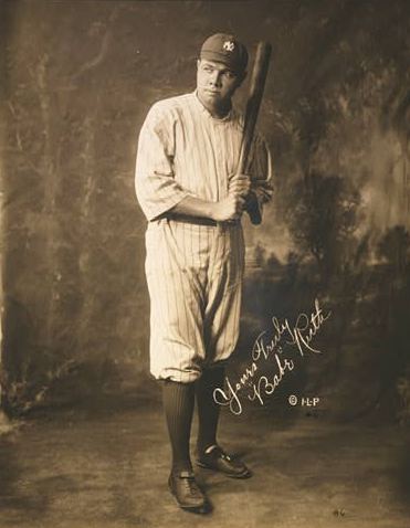 An image of George Herman (Babe) Ruth, Jr., posing with bat in hand and malice towards baseballs in his heart.