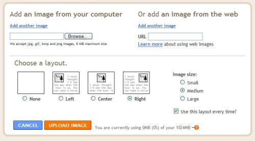 The image upload screen in Blogger that lets you add images to your blog posts.