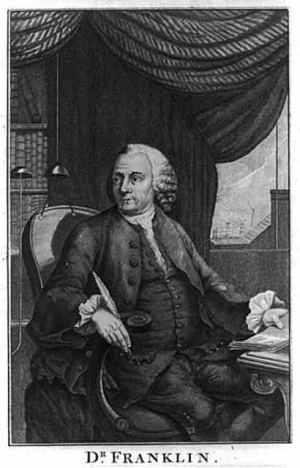Dr. Benjamin Franklin, writer of self help books at a writing desk with quill in one hand, paper in the other, and behind him through a window lightning shown striking a building - engraving by Pater Noster Row, dated 1778.