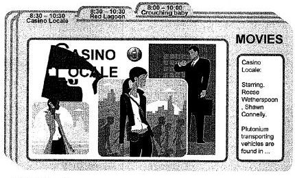 Screenshot from Google patent filing showing a front window with information about a movie, and three tabs at top with movie names and times.