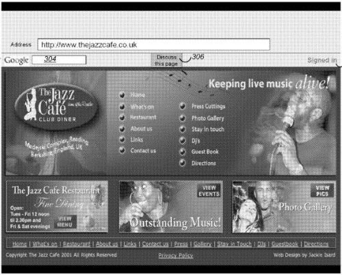 A screenshot from the patent of a web page, with a discuss this page button on the toolbar.