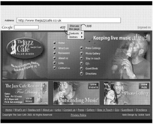 A screenshot from the patent of a web page, with a drop down menu showing a choice of contacts or visitors.