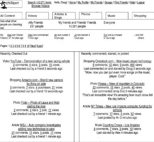 A social search and networking interface that includes a column showing where friends had recently visited, and where they've left comments or ratings or posts.