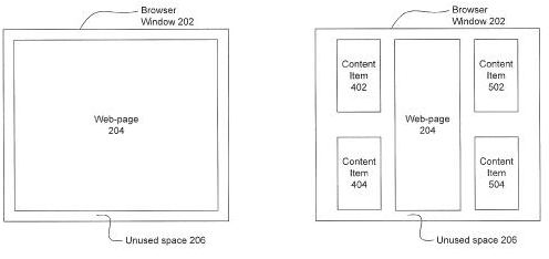 An image from the patent showing two different displays; one with a limited amount of unused browser space, and one with a large amount of unused browser space and additional content items.