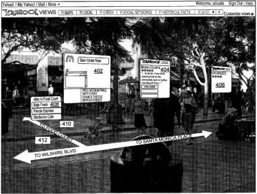 Patent illustration showing a city street scene with a virtual overlay showing ads and directions.
