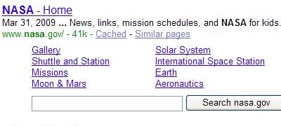 Google site links for NASA